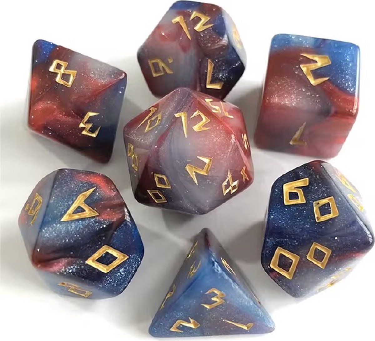 Lapi Toys - Dungeons and Dragons dobbelstenen - DnD Dice - Polydice - Dobbelstenen Dungeons Dragons - D&D dobbelstenen - DnD Dice Set - 1 set (7 stuks) - Acryl - Roze - Blauw