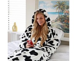 Grote zachte warme sherpa-hoodie-deken voor volwassenen- superwarm en lang - Catalonia - oversized pluche hoodie-dekjurk met capuchon en voorzak- koe print