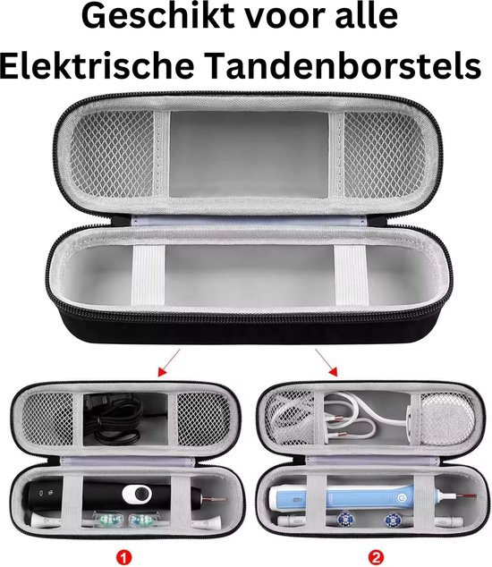 Groot zwart etui dat openklapt, met twee compartimenten voor elektrische tandenborstels en accessoires.
