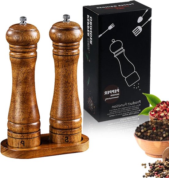Treasy Zout En Peper Molenset Van Acaciahout - Keramisch Maalwerk, Instelbaar, 21.5 Cm