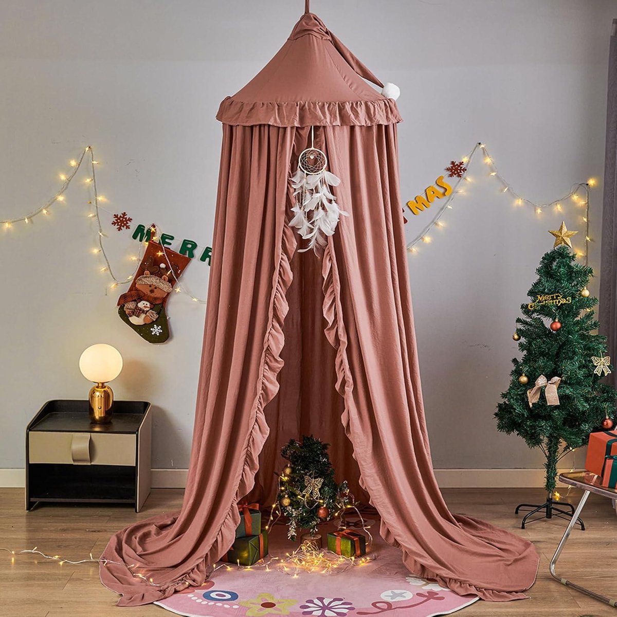 Prinses Bed Luifel Klamboe voor Kinderen Babybedje, Ronde Dome Kids Indoor Outdoor Kasteel Speeltent Opknoping Huisdecoratie Leeshoek Katoen Canvas, Roze