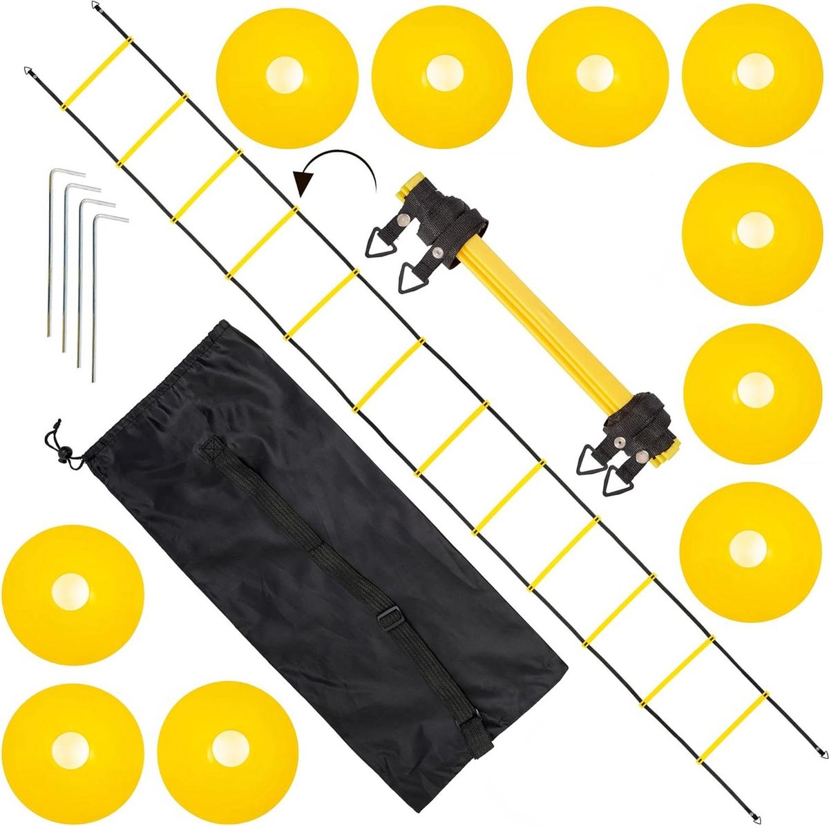 Snelheidsladder Trainingsset met Draagtas 6M Trainingsladder 10 Kegels & 4 Haringen Coördinatieladder Voetbal Training Fitness Kinderen en Volwassenen Voetalbal trainingsmateriaal