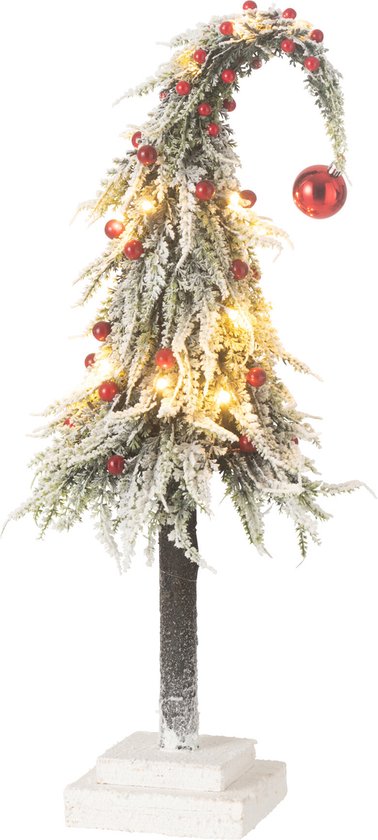 Sapin décoratif avec des baies rouges, des lumières LED et une boule de Noël rouge. L'arbre est vert avec des accents blancs, repose sur un pied blanc et penche sur le côté.