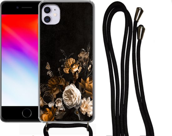 Telefoonkoord - Telefoonketting - Telefoonhoesje Geschikt voor iPhone 12 Mini - Bloem - Gold - Patronen - Siliconen - Crossbody - Telefoonhoesje met koord Telefoonhoesje