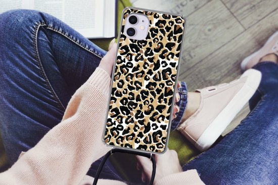 Coque avec cordon iPhone 12 - Imprimé animal - Panthère - Marron - Aquarelle - Siliconen - Bandoulière - Coque arrière avec cordon - Coque pour téléphone avec cordon - Coque avec corde
