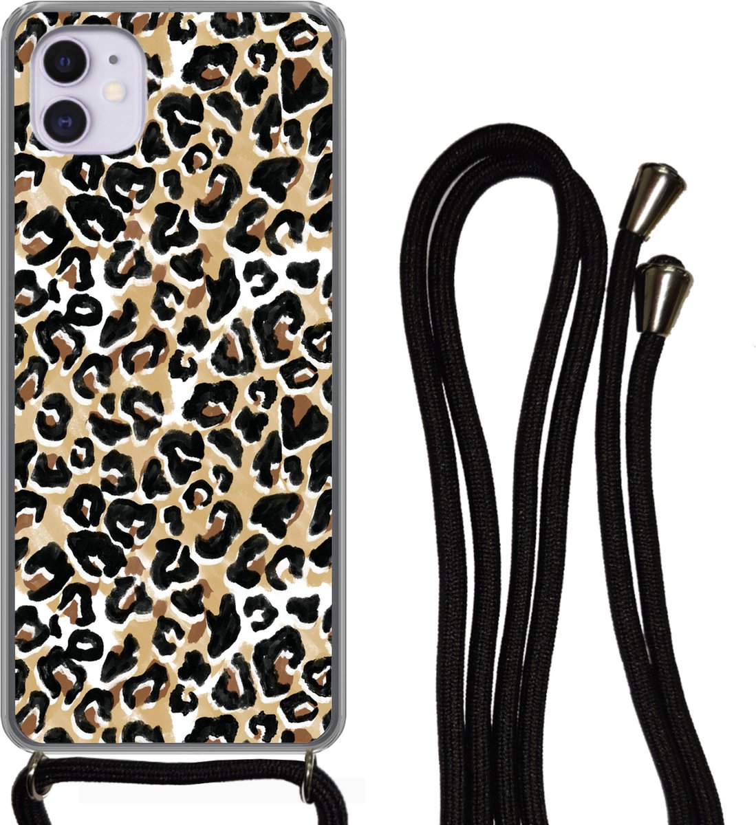 Telefoonhoesje Geschikt voor iPhone 12 - Dierenprint - Panter - Bruin - Waterverf - Siliconen - Crossbody - Backcover met Koord - Telefoonhoesje met koord - Hoesje met touw Telefoonhoesje