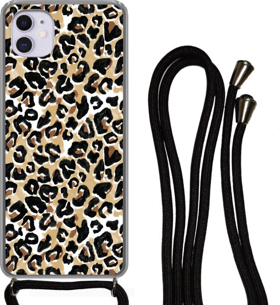 Coque avec cordon iPhone 12 - Imprimé animal - Panthère - Marron - Aquarelle - Siliconen - Bandoulière - Coque arrière avec cordon - Coque pour téléphone avec cordon - Coque avec corde