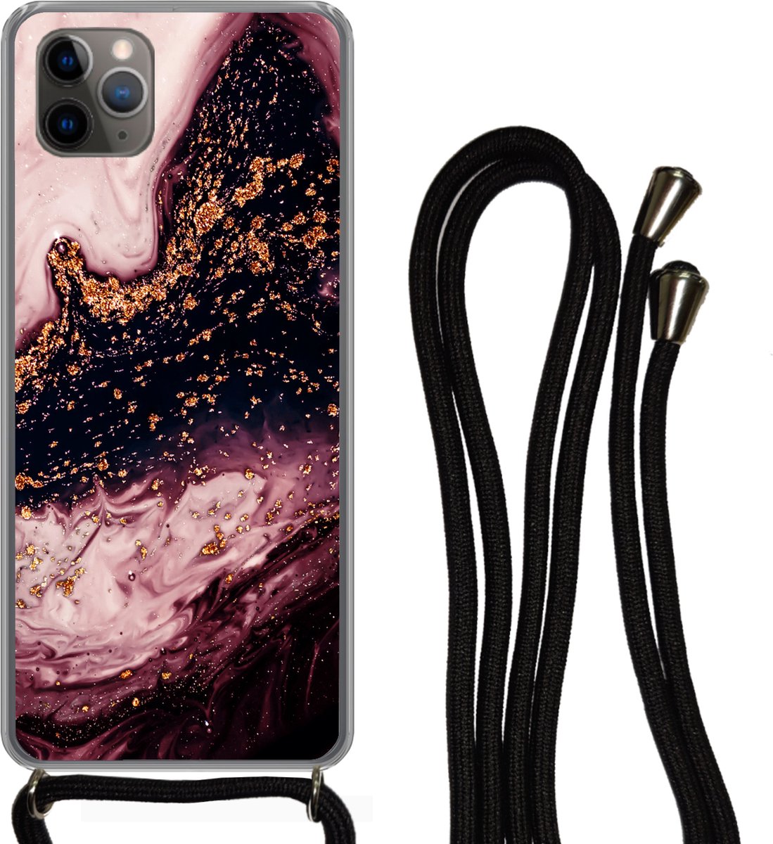 Telefoonkoord - Telefoonketting - Telefoonhoesje Geschikt voor iPhone 11 Pro - Marmer print - Natuurstenen - Mineralen - Siliconen - Crossbody - Telefoonhoesje met koord Telefoonhoesje