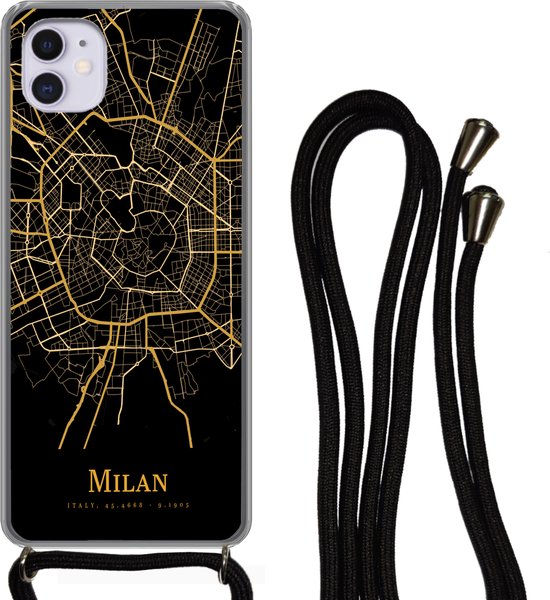 Telefoonkoord - Telefoonketting - Telefoonhoesje Geschikt voor iPhone 11 - Milaan - Kaart - Goud - Siliconen - Crossbody - Telefoonhoesje met koord