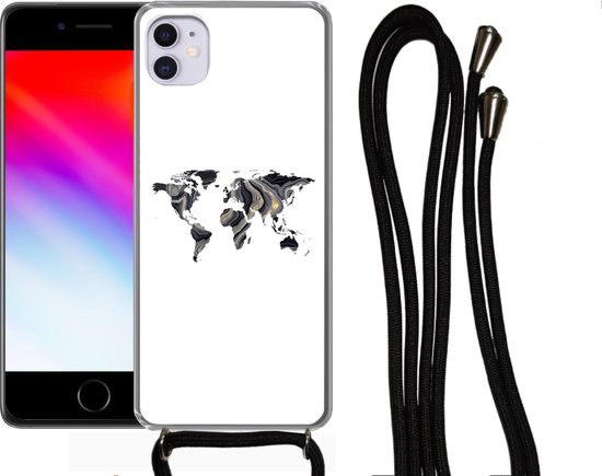 Coque avec cordon iPhone 11 - Carte du Wereldkaart - Goud - Ligne - Siliconen - Bandoulière - Coque arrière avec cordon - Coque pour téléphone avec cordon - Coque avec corde