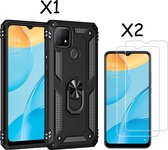 Oppo A15 Hoesje armor Met ring houder Zwart - Oppo A15s hoesje / Oppo A35 2021 hoesje met Kickstand TPU backcover hoesje - Oppo A15 / A15s screenprotector 2 pack