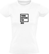 Think outside the box | Dames T-shirt | Wit | Buiten de doos denken | Analyse | Effect | Mindset | Kader | Slim | Succes | Toekomst