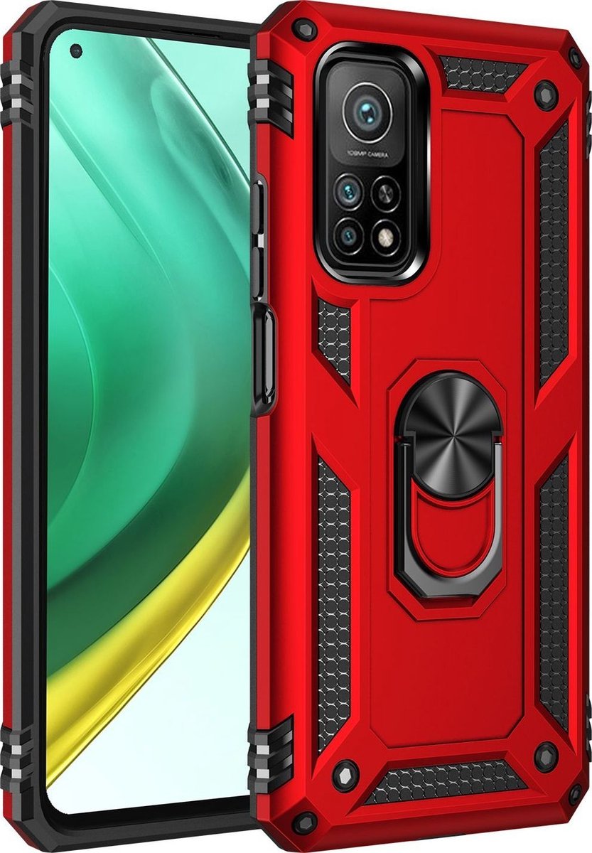 Mobigear Hoesje geschikt voor Xiaomi Mi 10T Pro Telefoonhoesje Hardcase | Mobigear Armor Ring Backcover Shockproof met Ringhouder | Schokbestendig Mi 10T Pro Telefoonhoesje | Anti Shock Proof - Rood