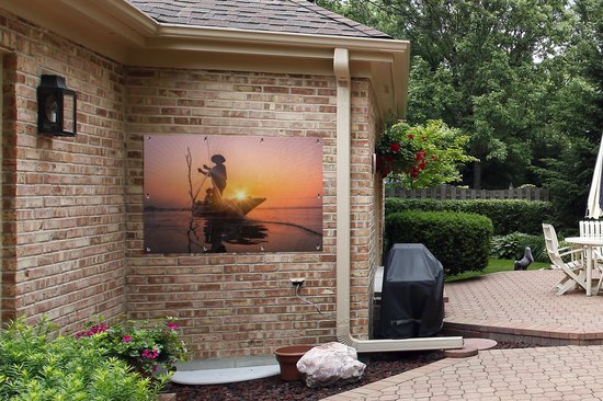 Affiche jardin - Toile Posters de jardin extérieur - Pêcheur au coucher du soleil - 120x80 cm - Jardin