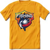 Fishing - Vissen T-Shirt | Grappig Verjaardag Vis Hobby Cadeau Shirt | Dames - Heren - Unisex | Tshirt Hengelsport Kleding Kado - Geel - 3XL