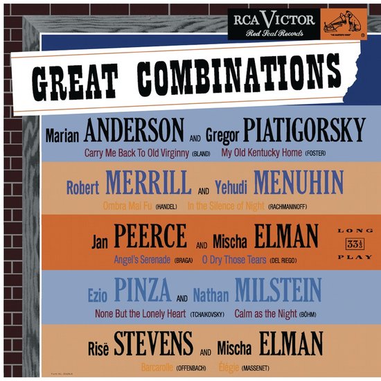 Albumhoes 'Great Combinations' met namen van artiesten en titels van nummers in verschillende kleuren, RCA Victor Red Seal Records logo bovenaan.