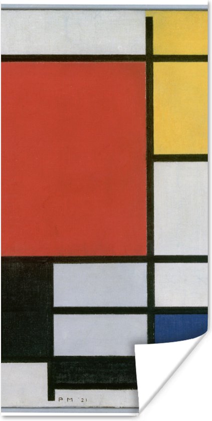 Poster Compositie 2 in Rood Blauw en Geel - Piet Mondriaan - 20x40 cm