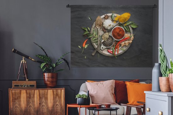 Wandkleed - Wanddoek - Kruiden - Bord - Peper - Zwart - Lepels - Zilver - 120x90 cm - Wandtapijt
