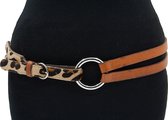 Afhang riem met leopard riempje 4 cm breed - Cognac  - Echt Leer - Taille: 90cm - Totale lengte riem: 105cm