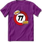 77 Jaar Hoera Verkeersbord T-Shirt | Grappig Verjaardag Cadeau | Dames - Heren | - Paars - XXL