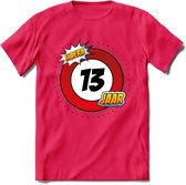 13 Jaar Hoera Verkeersbord T-Shirt | Grappig Verjaardag Cadeau | Dames - Heren | - Roze - XL
