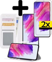Hoesje Geschikt voor Samsung S21 FE Hoesje Book Case Hoes Wallet Cover Met 2x Screenprotector - Hoes Geschikt voor Samsung Galaxy S21 FE Hoesje Bookcase Hoes - Wit.