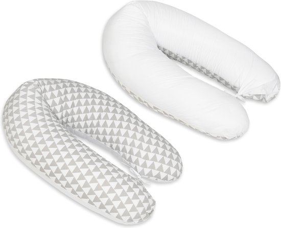Voedingskussen - Voedingskussen - met koordjes - 145 cm - wit en grijze driehoeken
