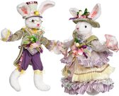 Mark Roberts Easter - Paashaas - Meneer en Mevrouw Peter Rabbit - decoratiebeeld - set van 2 - wit paars geel - 32cm - Collector's item Kunststof / wit