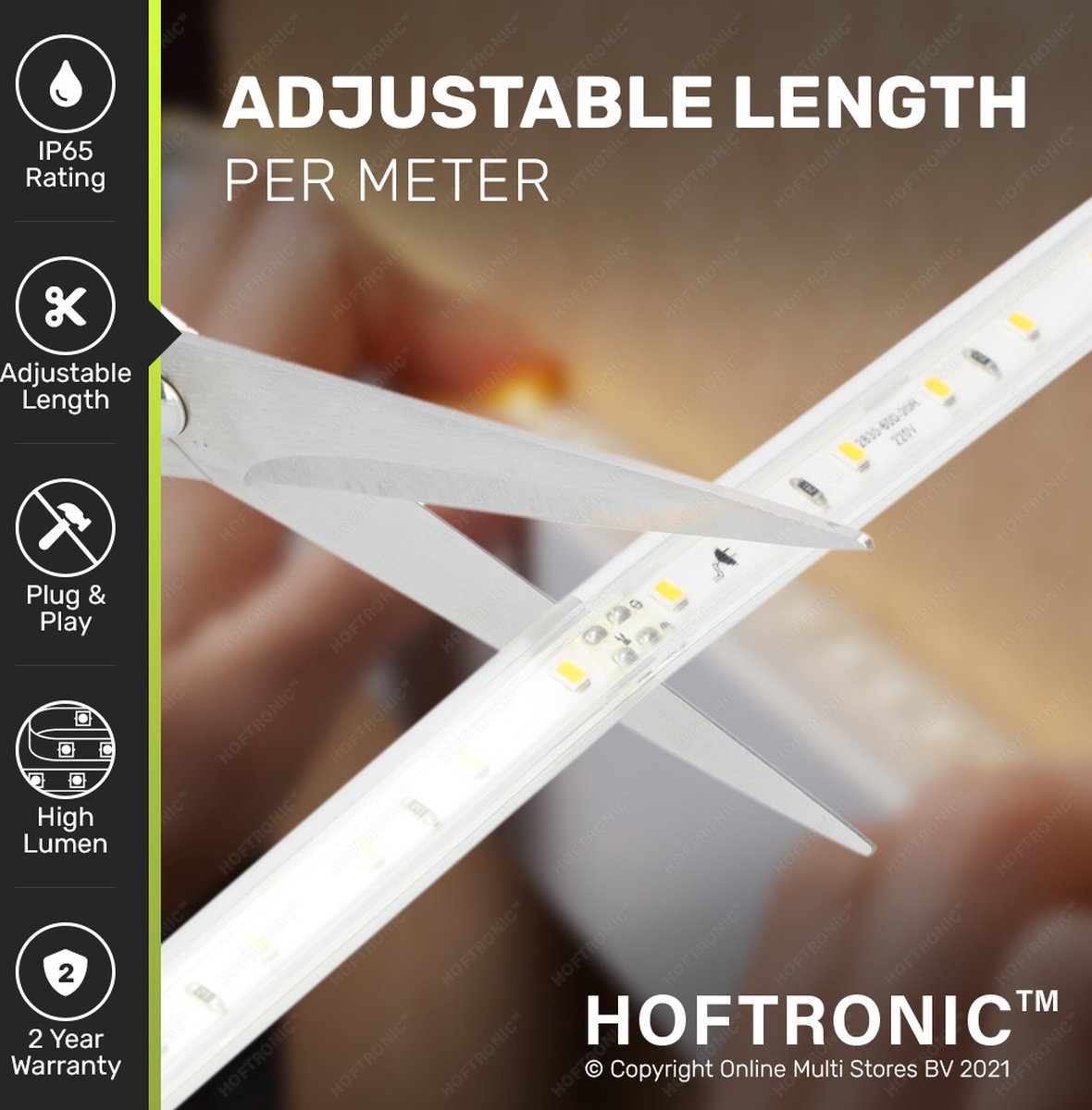 HOFTRONIC Flex60 - Dimbare LED Strip 2m - 3000K Warm wit - 60 LEDs per ...