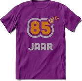 85 Jaar Feest T-Shirt | Goud - Zilver | Grappig Verjaardag Cadeau Shirt | Dames - Heren - Unisex | Tshirt Kleding Kado | - Paars - S