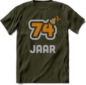 74 Jaar Feest T-Shirt | Goud - Zilver | Grappig Verjaardag Cadeau Shirt | Dames - Heren - Unisex | Tshirt Kleding Kado | - Leger Groen - M