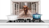 Spatscherm Keuken - Kookplaat Achterwand - Spatwand Fornuis - 60x40 cm - Doorkijk - Schotse Hooglander - Raam - Aluminium - Wanddecoratie