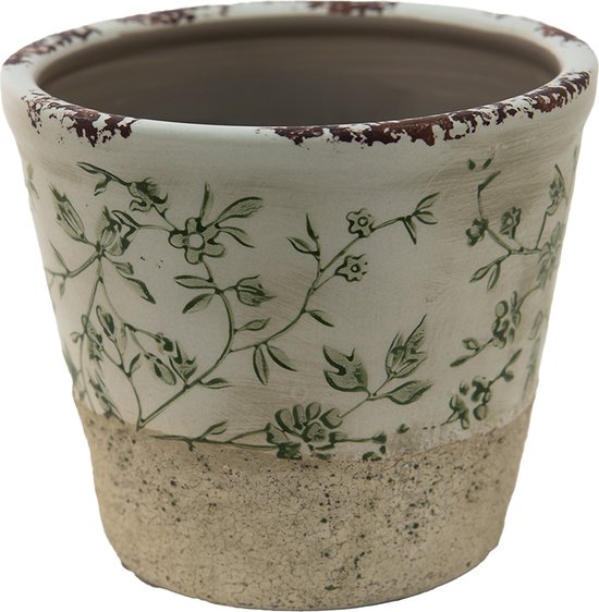 Clayre & Eef Bloempot Ø 16x16 cm Groen Wit Keramiek Bladeren