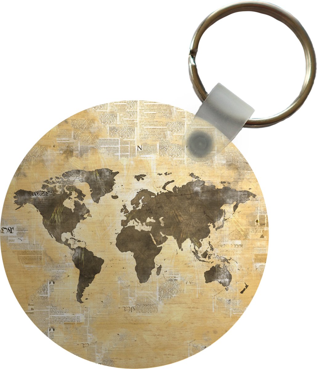 Sleutelhanger - Wereldkaart - Waterverf - Vintage - Plastic - Rond - Uitdeelcadeautjes
