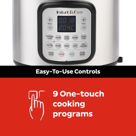 Instant Pot Duo Crisp 7,6L multicooker met airfryer - Snelkoken, sauteren, stomen, slow cook, sous vide, warmhouden, air fry, roosteren, bakken, braden en dehydrateren.