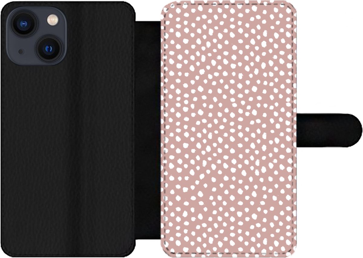 Telefoonhoesje Geschikt voor iPhone 13 Mini telefoonhoesje - Stippen - Wit - Roze - Met vakjes - Wallet case met magneetsluiting