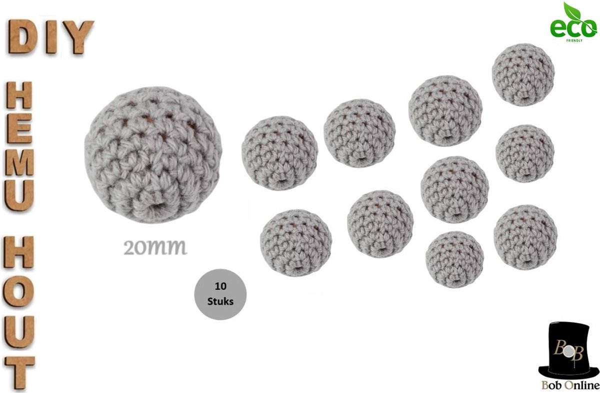 Bob Online ™ – 10 Stuks - 20mm Grijs Ronde Gehaakte DIY Houten Kralen met ca. 4mm Gaatje –  Houten Gehaakte Kralen - Rijgkralen – Kralen Rijgen - Hobby Houten Kralen – DIY Gehaakte Hemu Hout Kralen – 20mm Grey Hemu Wood Crochet Beads 10 Pieces