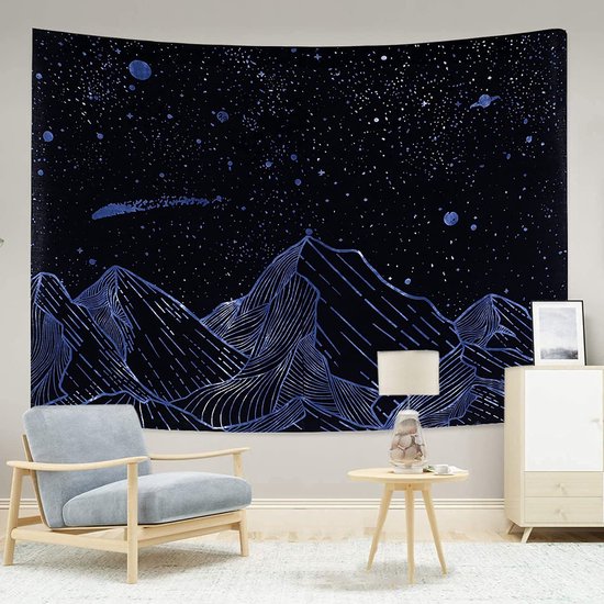 Bergen Natuur Heelal Zwart Blauw- Wandkleed - 200x140 cm - Groot wandtapijt - Poster
