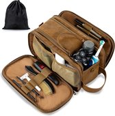 Everygoods Waterbestendige Lederen Toilettas Voor Mannen Grote Reistas Scheren Dopp Kit Badkamer Gym Toiletten Make-Up Organizer Met Gratis Natte Droge Tas (Khaki, 30,5 X 17 X 18 Cm)