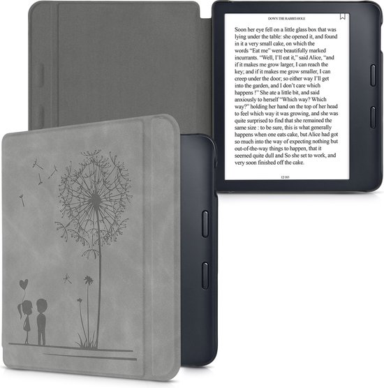 kwmobile e-reader hoesje geschikt voor Kobo Libra 2 hoes - Ereader flip case met standaard - Kunstleren e reader cover - Paardenbloemen Liefde design in grijs van Merkloos — afbeelding 2