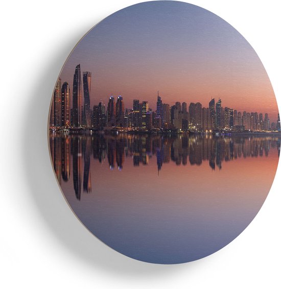 Artaza Houten Muurcirkel - Skyline Dubai Stad bij Zonsondergang - Ø 50 cm - Klein - Multiplex Wandcirkel - Rond Schilderij