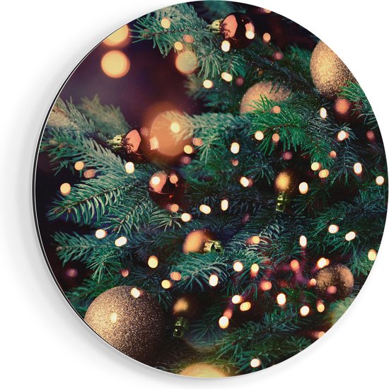 Artaza Dibond Muurcirkel Versierde Kerstboom Met Lichtjes - Ø 40 cm - Klein - Wandcirkel - Rond Schilderij - Voor Binnen en Buiten