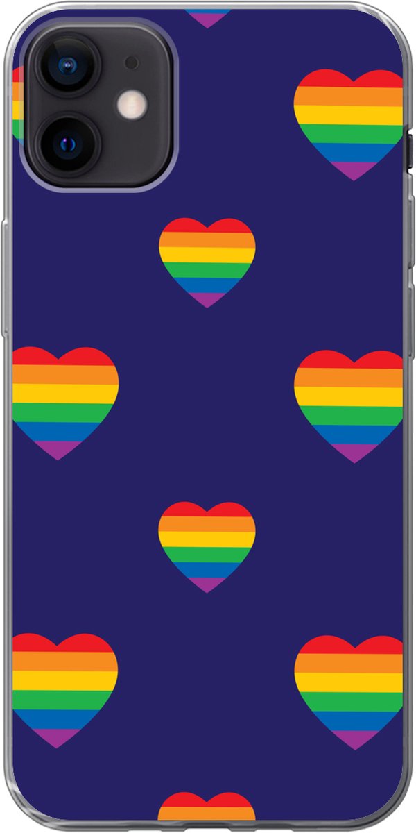 iPhone 12 mini hoesje - hartjes in regenboogkleuren op een paarse  achtergrond -... | bol.com
