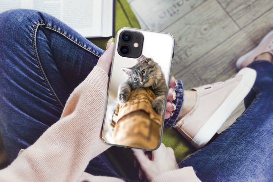 Telefoonhoesje Geschikt voor iPhone 12 mini hoesje - Kat - Krabpaal - Grijs - Siliconen Telefoonhoesje Telefoonhoesje