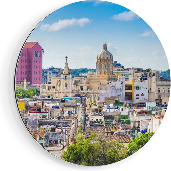 Artaza Dibond Muurcirkel Havana Stad in Cuba - Ø 70 cm - Wandcirkel - Rond Schilderij - Voor Binnen en Buiten