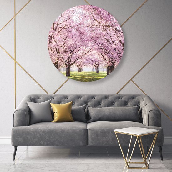 Artaza Dibond Wall Circle - Pink Blossom Tree Park - Fleurs - Ø 90 cm - Groot - Wall Circle - Tableau Rond - Pour Intérieur et Extérieur