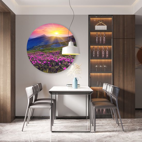 Artaza Cercle mural Dibond Champ de fleurs de rhododendrons roses - Montagnes - Ø 90 cm - Groot - Cercle mural - Peinture ronde - Pour intérieur et extérieur