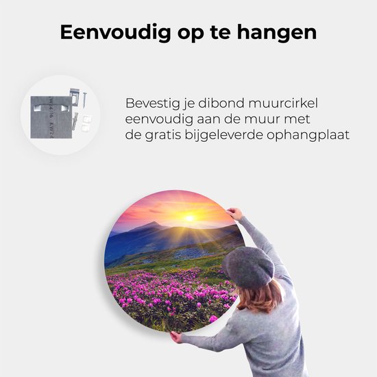 Artaza Cercle mural Dibond Champ de fleurs de rhododendrons roses - Montagnes - Ø 90 cm - Groot - Cercle mural - Peinture ronde - Pour intérieur et extérieur