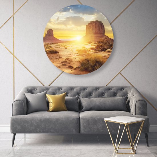 Artaza Dibond Muurcirkel Zonsondergang In Woestijn Monument Valley  - Ø 90 cm - Groot - Wandcirkel - Rond Schilderij - Voor Binnen en Buiten