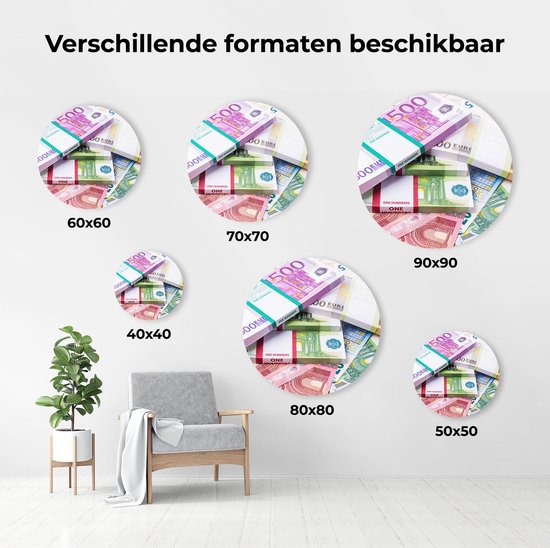 Artaza Dibond Muurcirkel Euro Geld Briefjes - Stapels  - Ø 60 cm - Wandcirkel - Rond Schilderij - Voor Binnen en Buiten